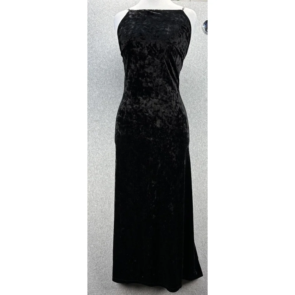H&M Black Velour Rhinestone Strap Midi Dress Open Back Formal Cocktail M - Picture 6 of 14